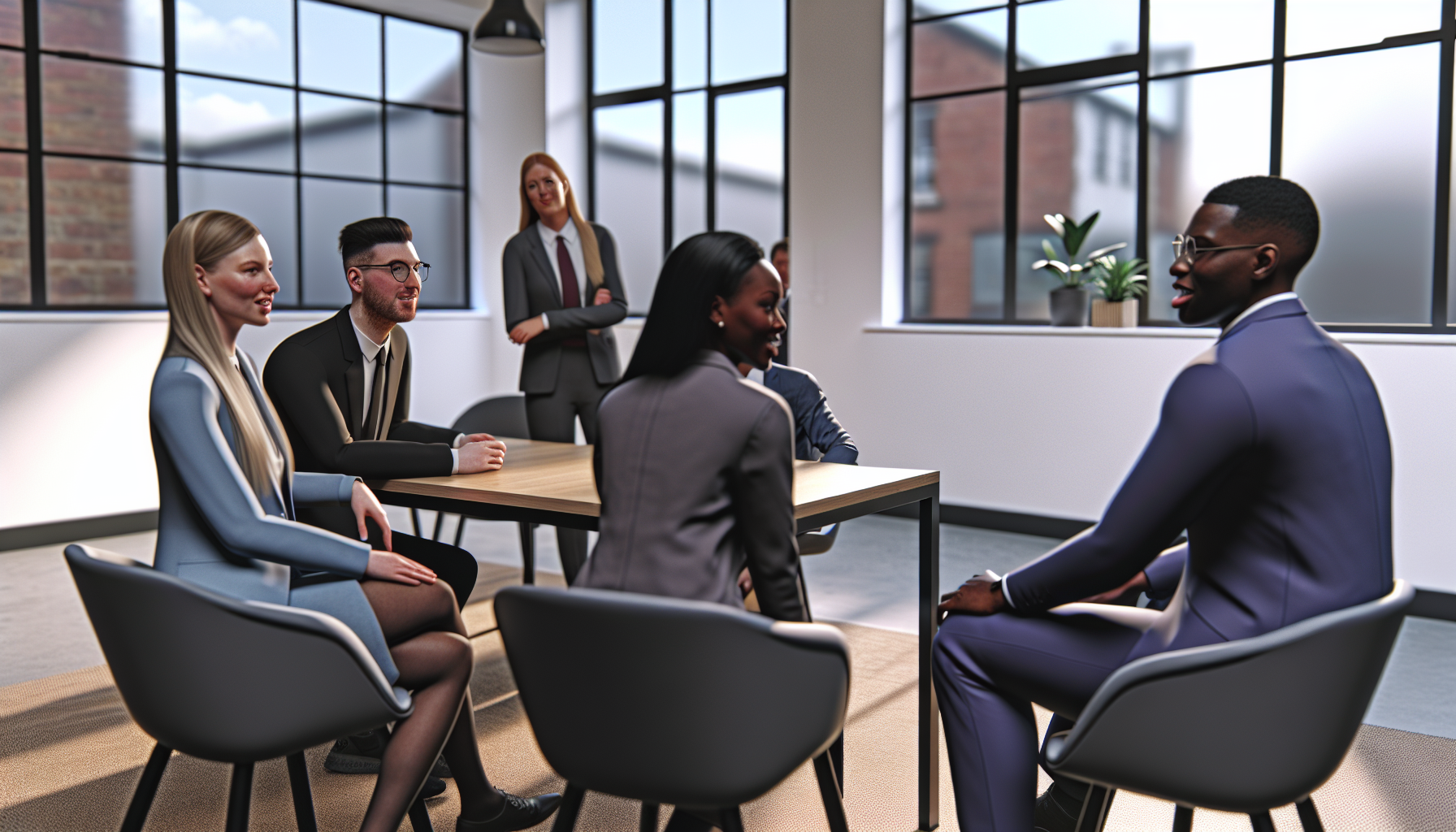 Team meeting with diverse professionals in a modern office