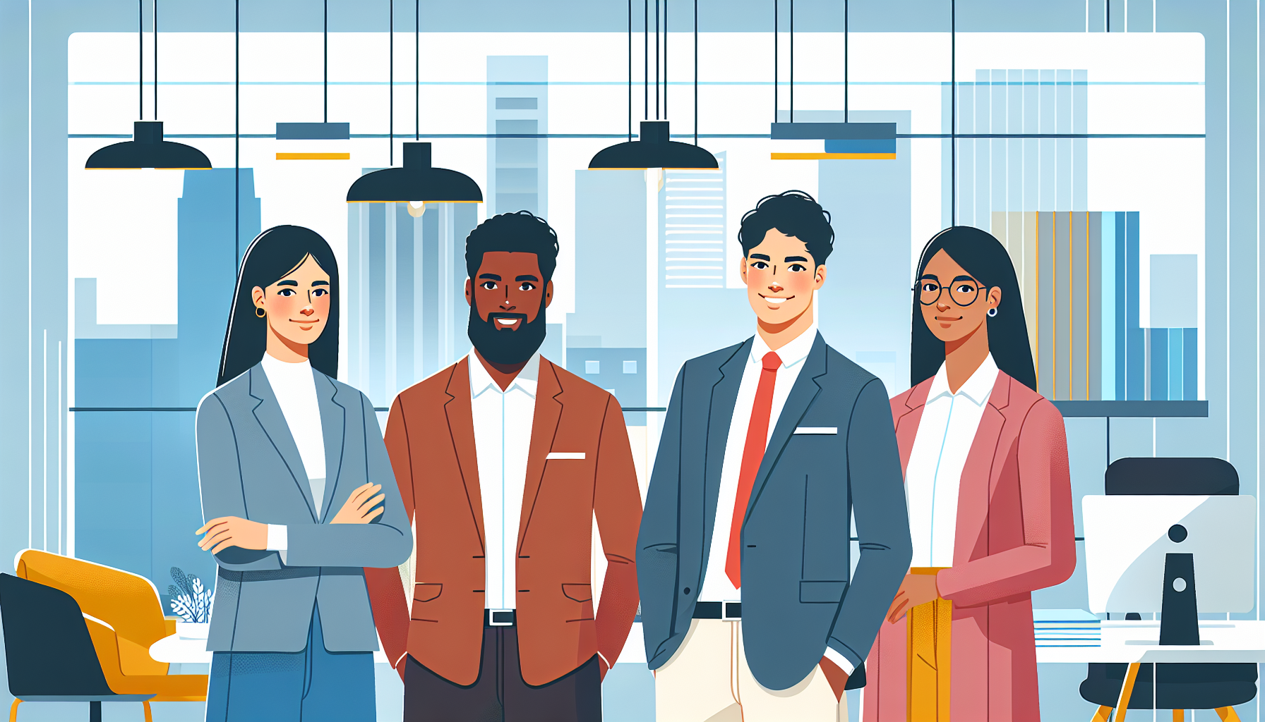 Diverse UK professionals in a modern office setting animated illustration