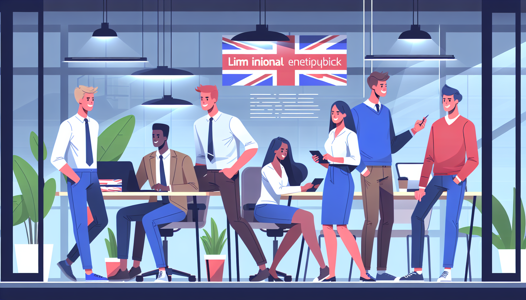 UK workplace team collaborating on tasks animated illustration