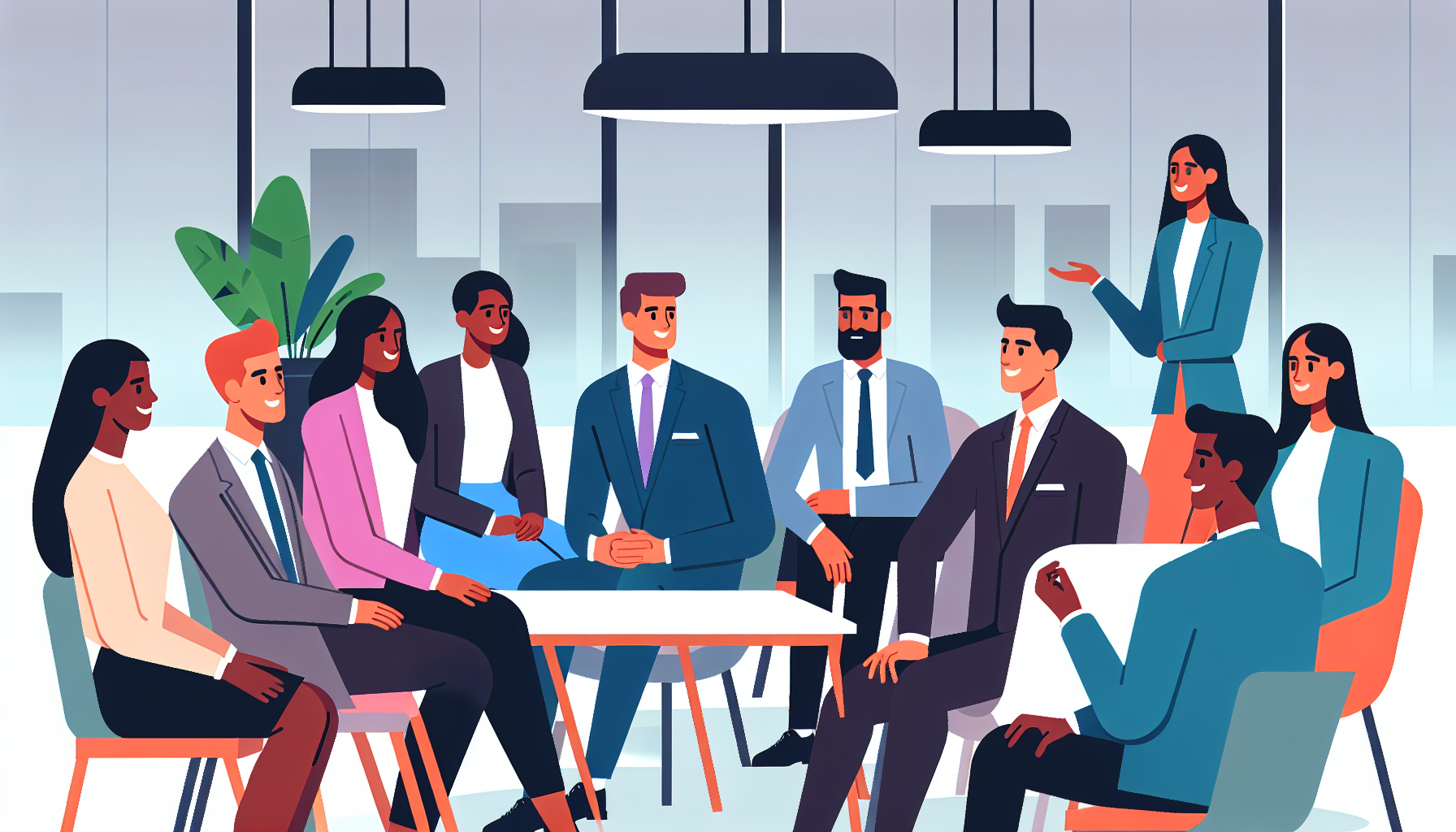 Group of UK professionals in a relaxed discussion animated illustration