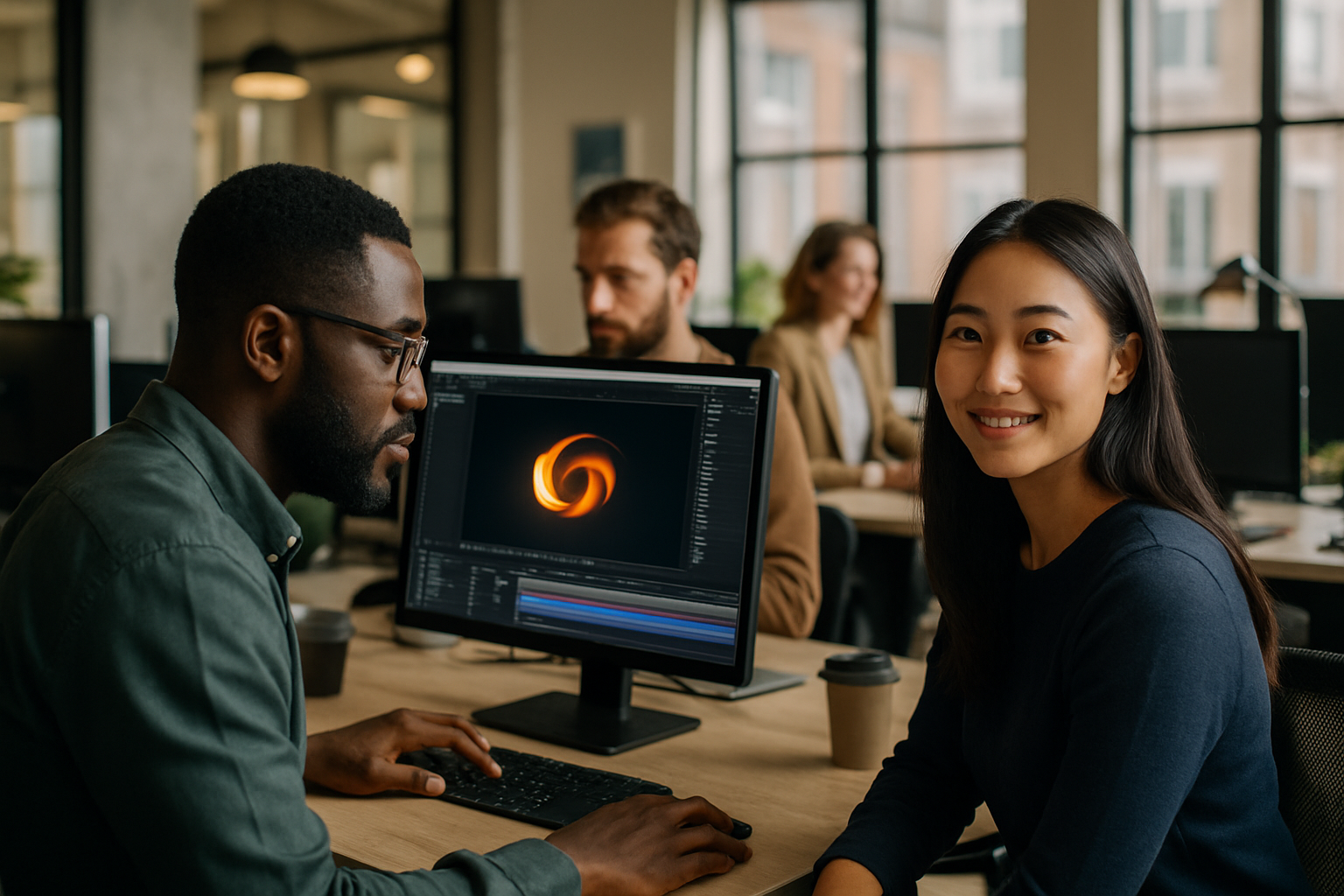 British professionals in a modern office discussing motion graphics UK
