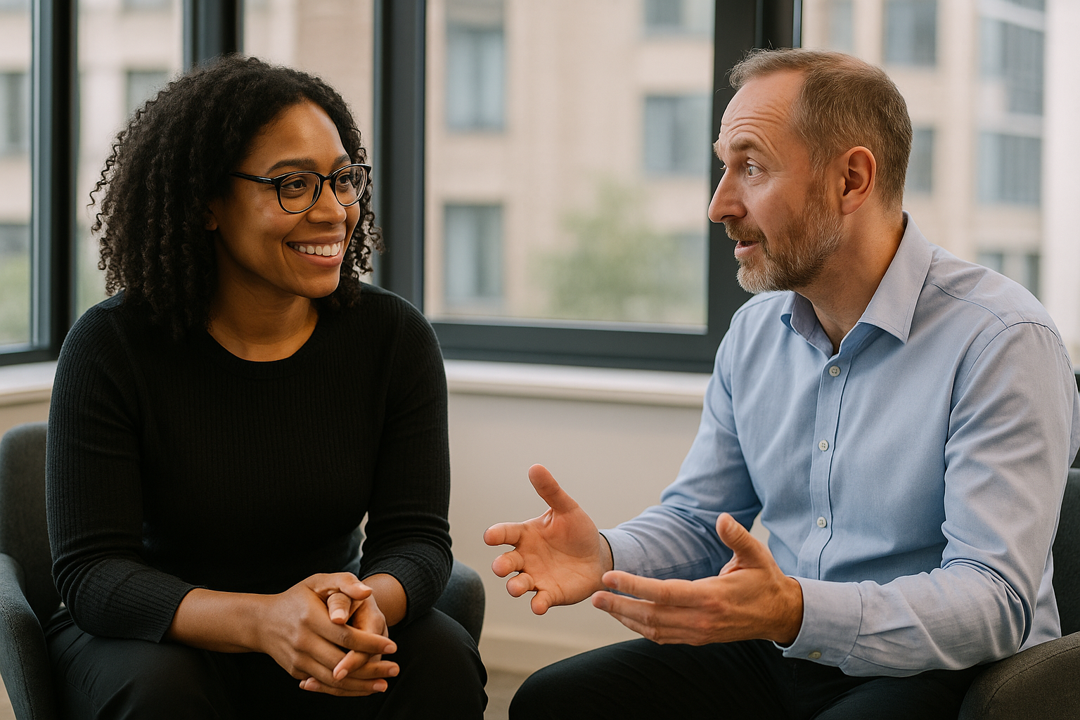 Two UK professionals discussing career next steps for motion graphics UK