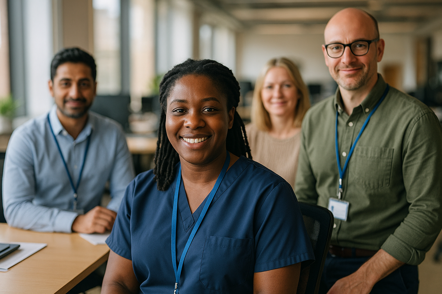 British professionals in a modern office discussing adult social care UK