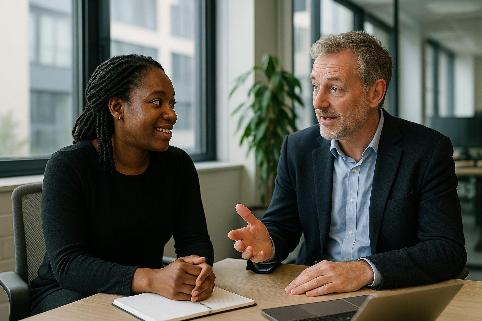 Two UK professionals discussing career next steps for adult social care UK