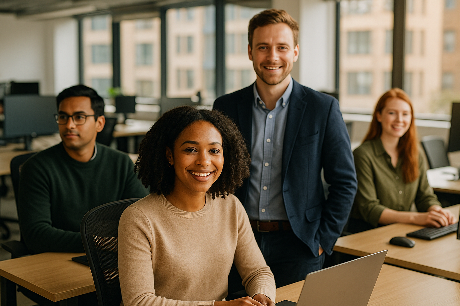 British professionals in a modern office discussing Bright Network UK