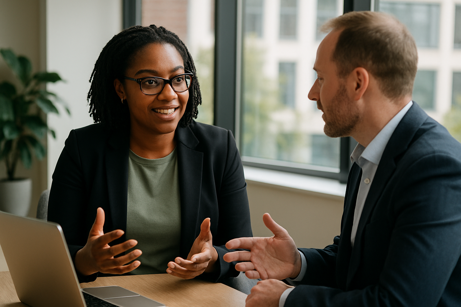 Two UK professionals discussing career next steps for family lawyer UK