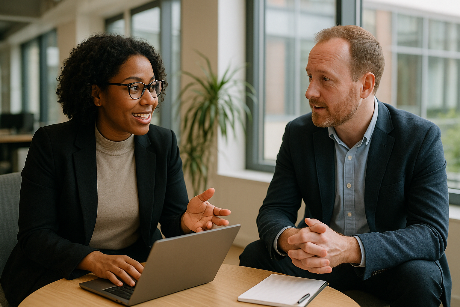 Two UK professionals discussing career next steps for Biotechnology UK