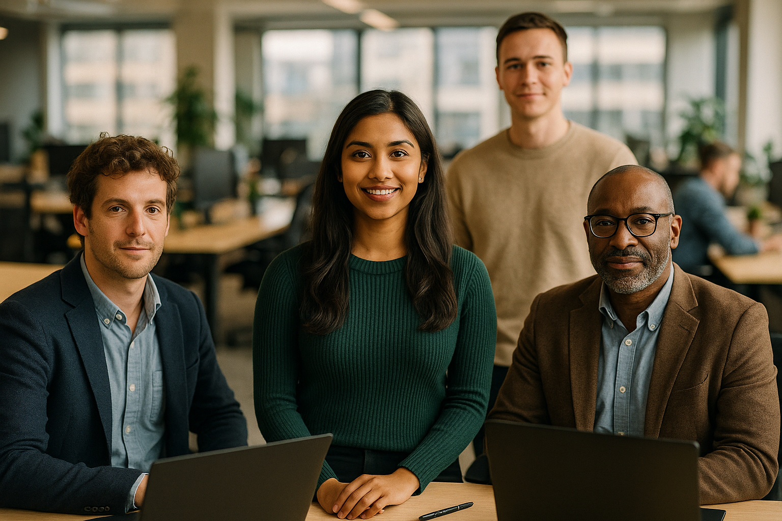 British professionals in a modern office discussing ClimateTech UK