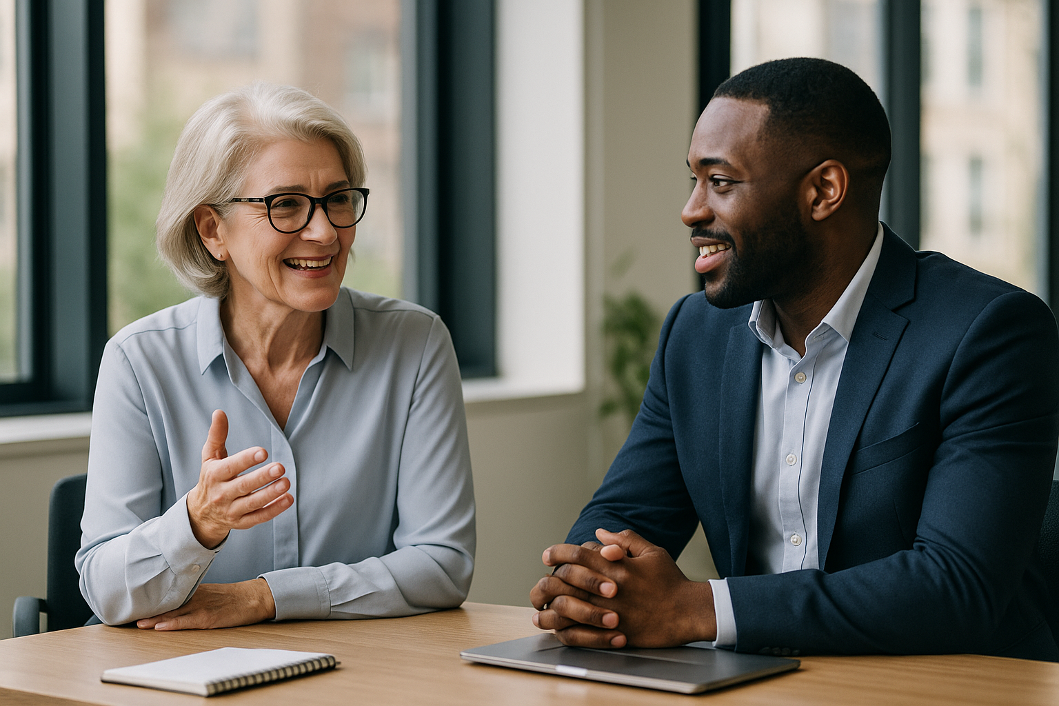 Two UK professionals discussing career next steps for ClimateTech UK