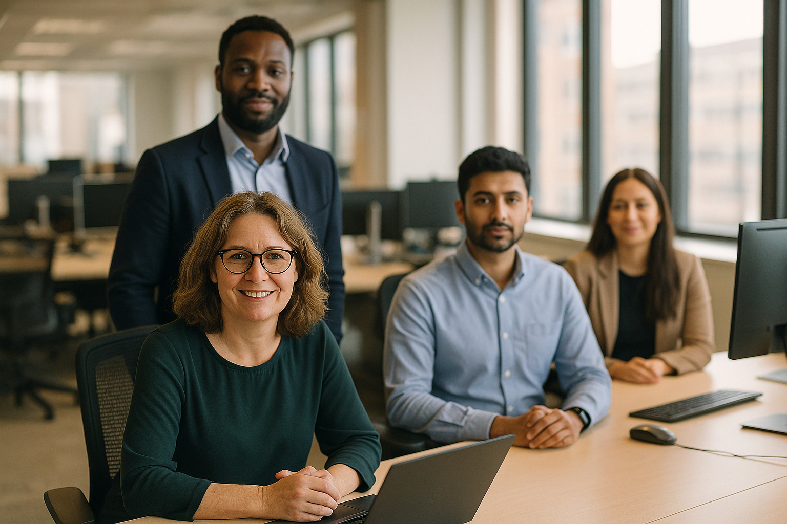 British professionals in a modern office discussing Civil service grade 7 role