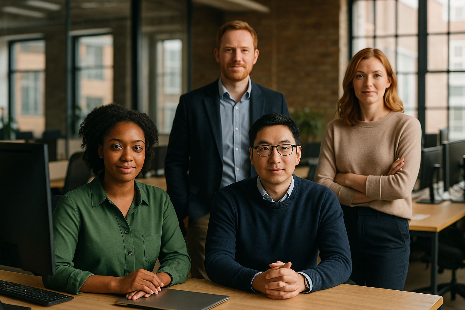 British professionals in a modern office discussing deep tech