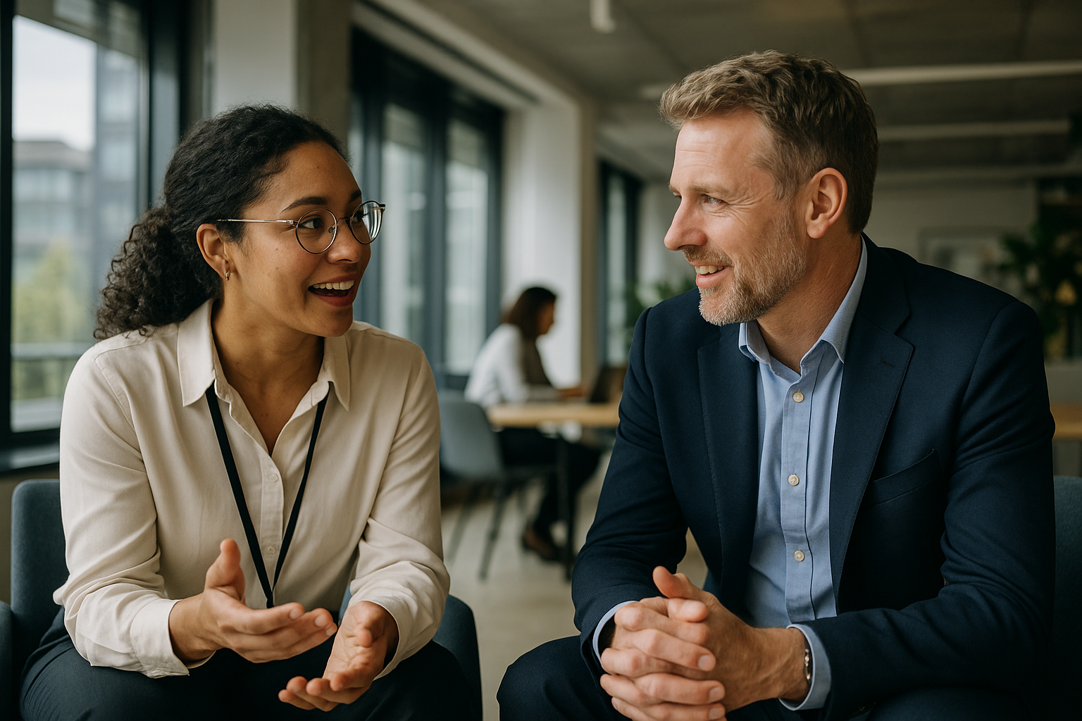 Two UK professionals discussing career next steps for deep tech