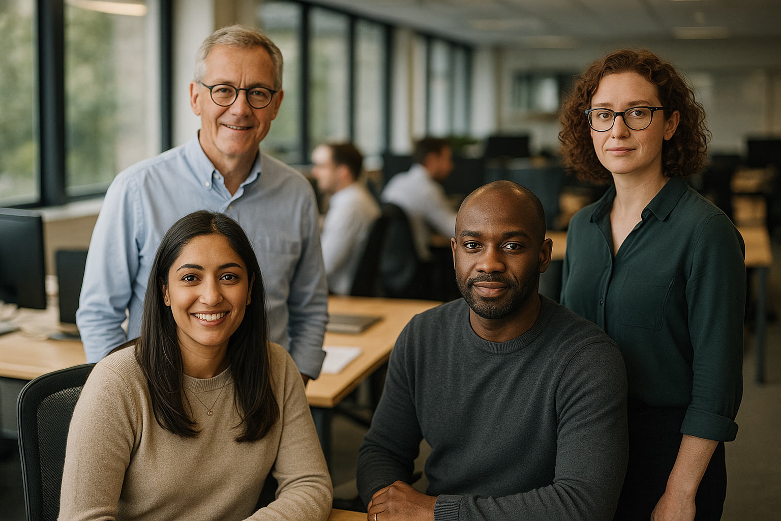 British professionals in a modern office discussing diagnostic careers in the UK