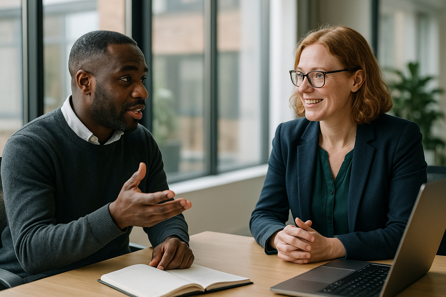Two UK professionals discussing career next steps for diagnostic careers in the UK