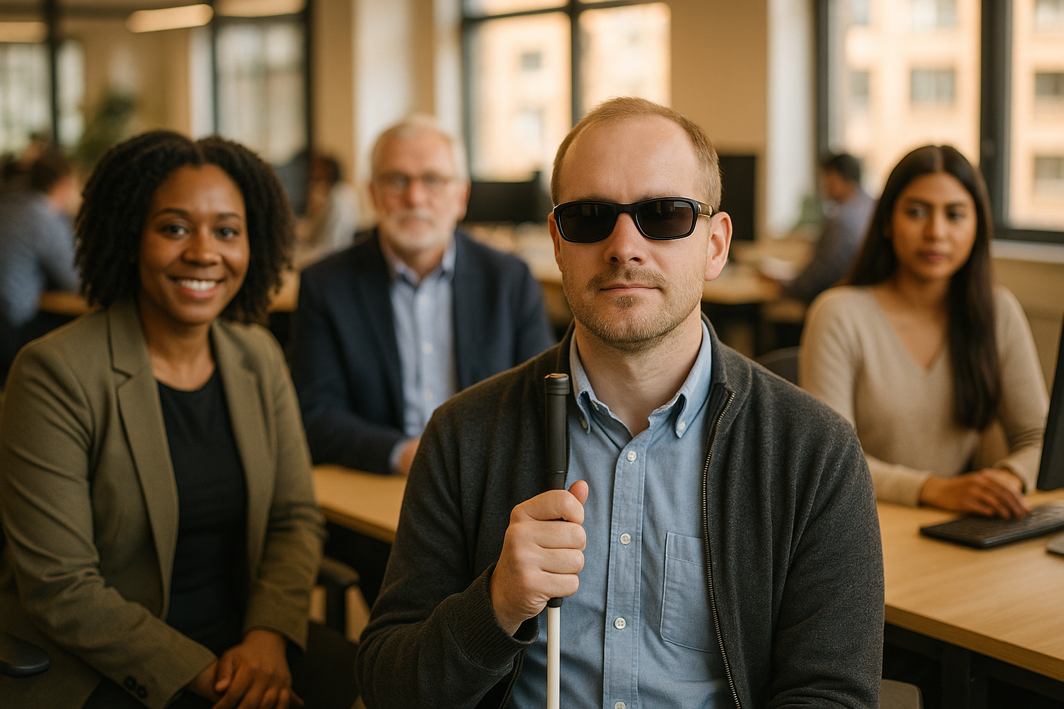British professionals in a modern office discussing Blind and VI employment UK