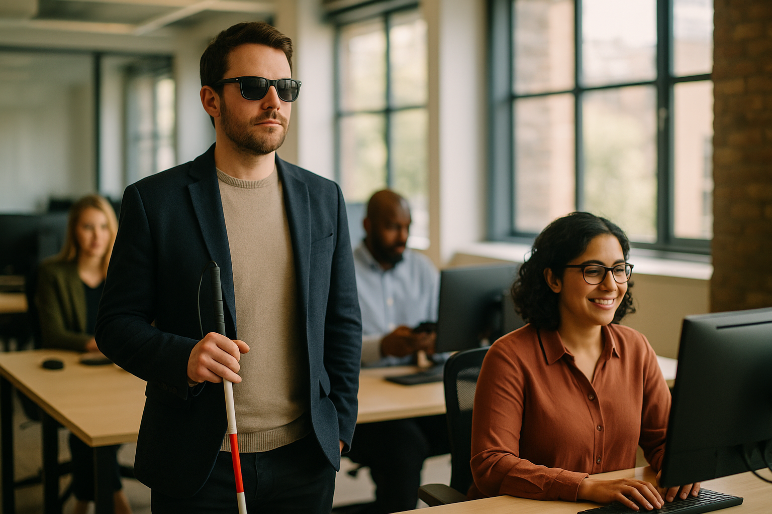 British professionals in a modern office discussing Blind and VI employment UK