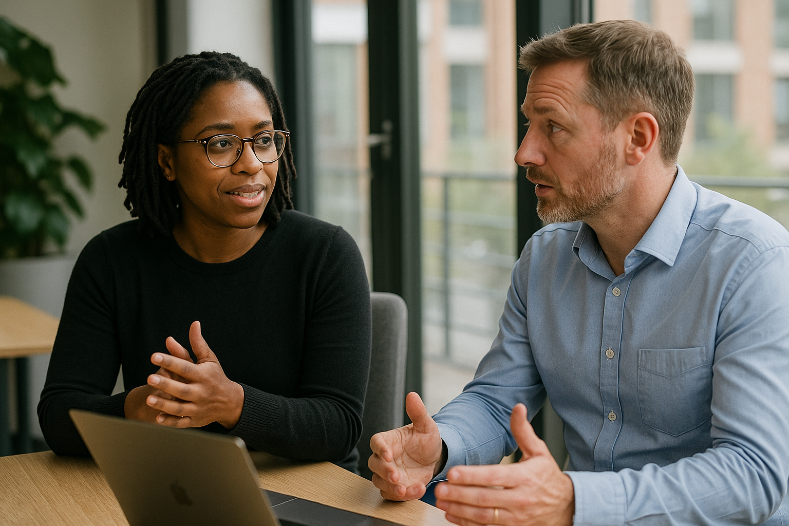 Two UK professionals discussing career next steps for Blind and VI employment UK