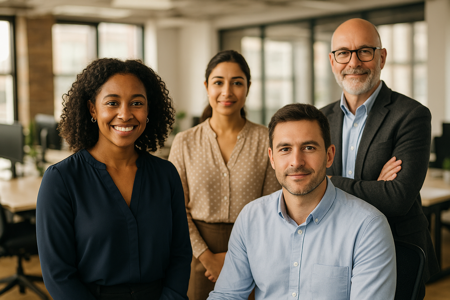 British professionals in a modern office discussing EU settlement scheme UK