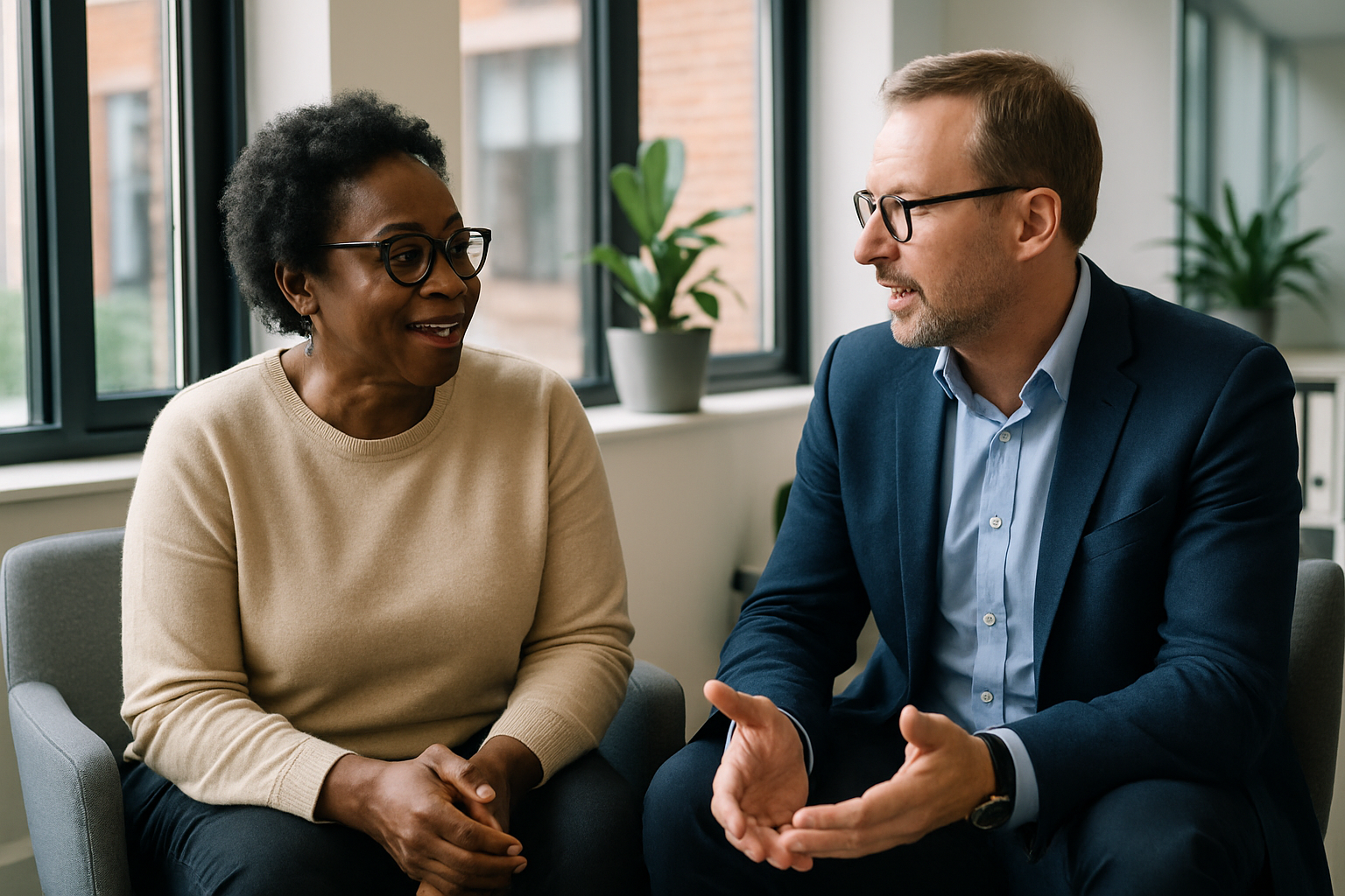 Two UK professionals discussing career next steps for EU settlement scheme UK