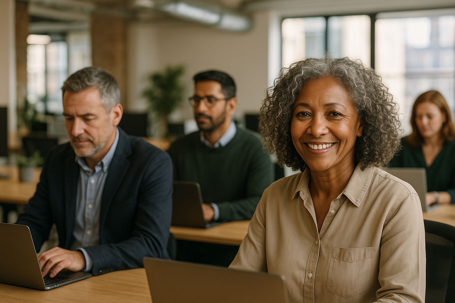 British professionals in a modern office discussing Midlife MOT UK