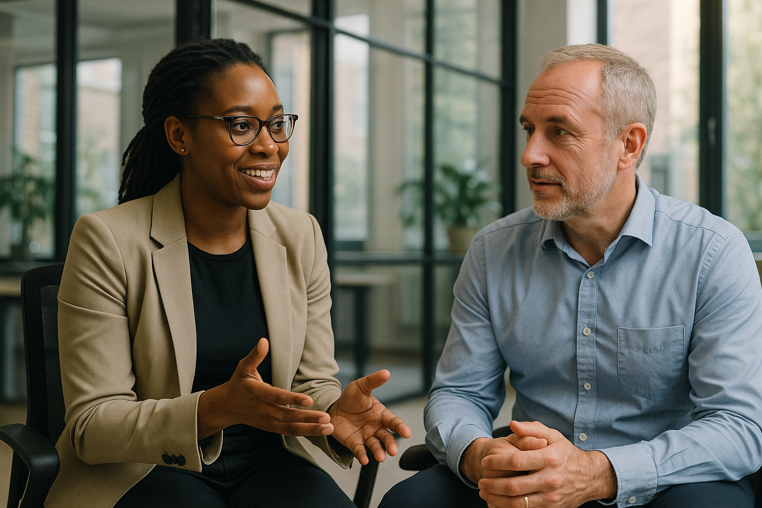 Two UK professionals discussing career next steps for Midlife MOT UK
