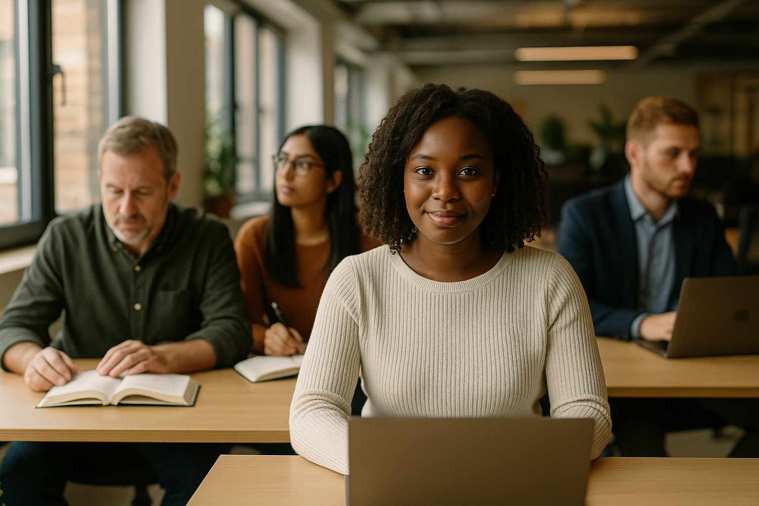 British professionals in a modern office discussing part time study UK