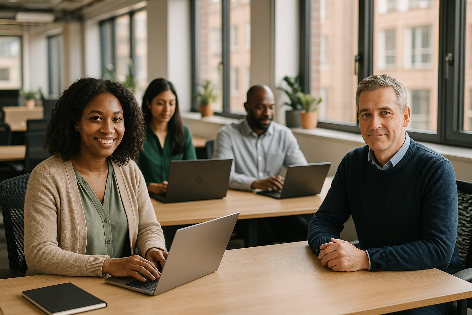 British professionals in a modern office discussing Returnship UK