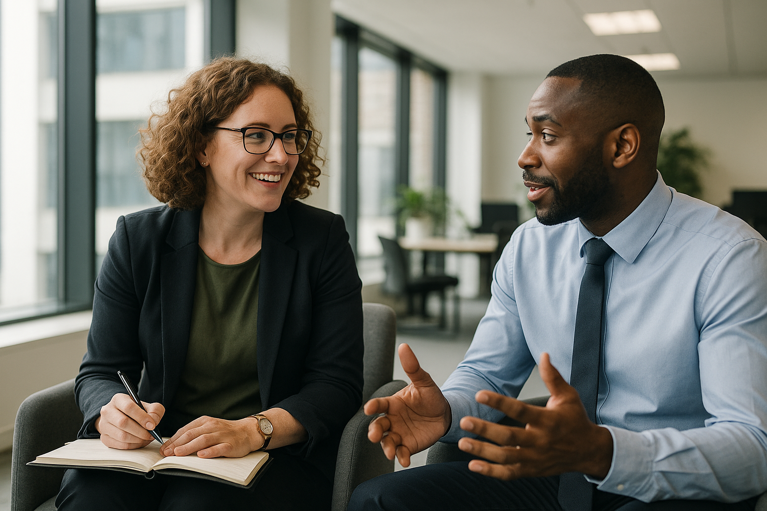 Two UK professionals discussing career next steps for Returnship UK