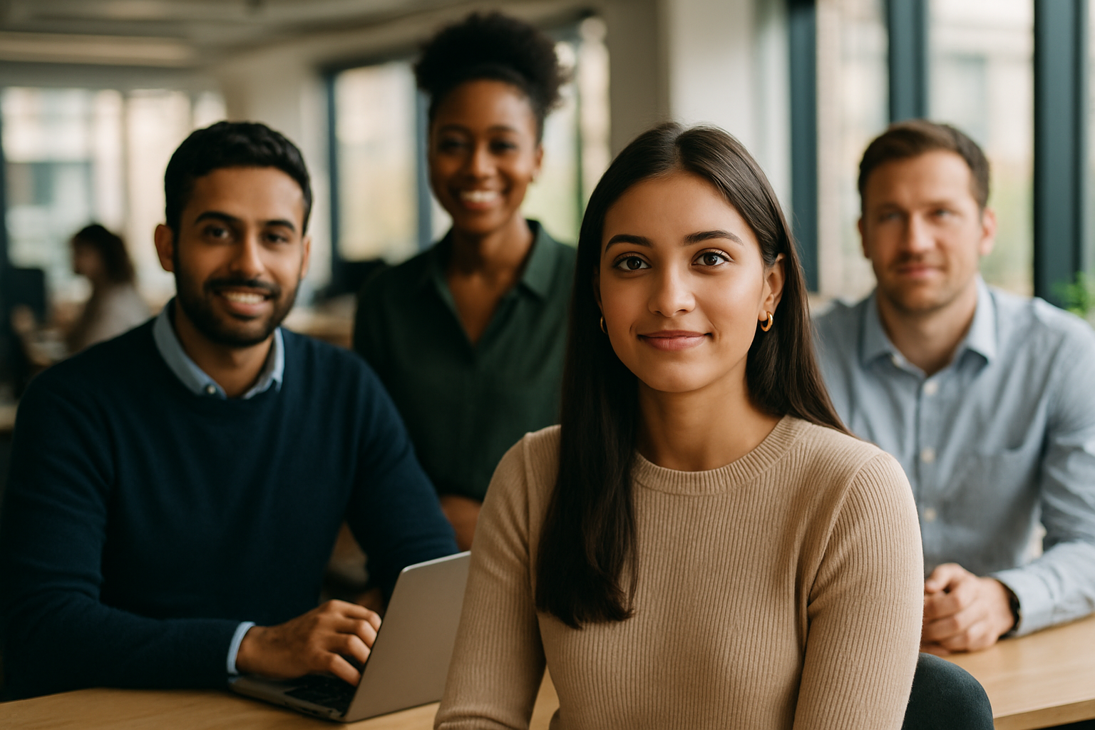 British professionals in a modern office discussing Milkround UK