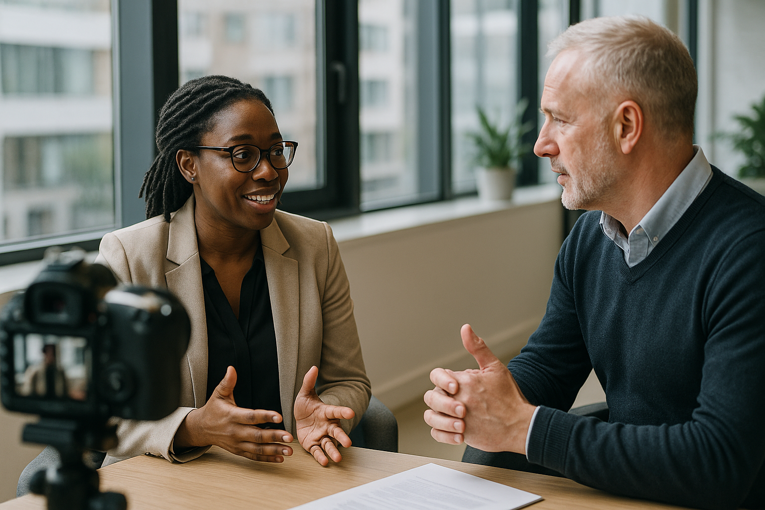Two UK professionals discussing career next steps for Milkround UK
