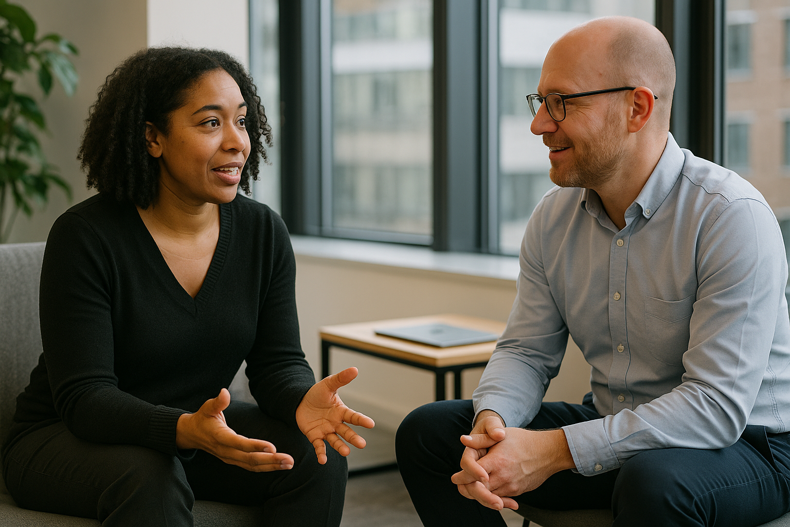 Two UK professionals discussing career next steps for Pharmaceutical UK