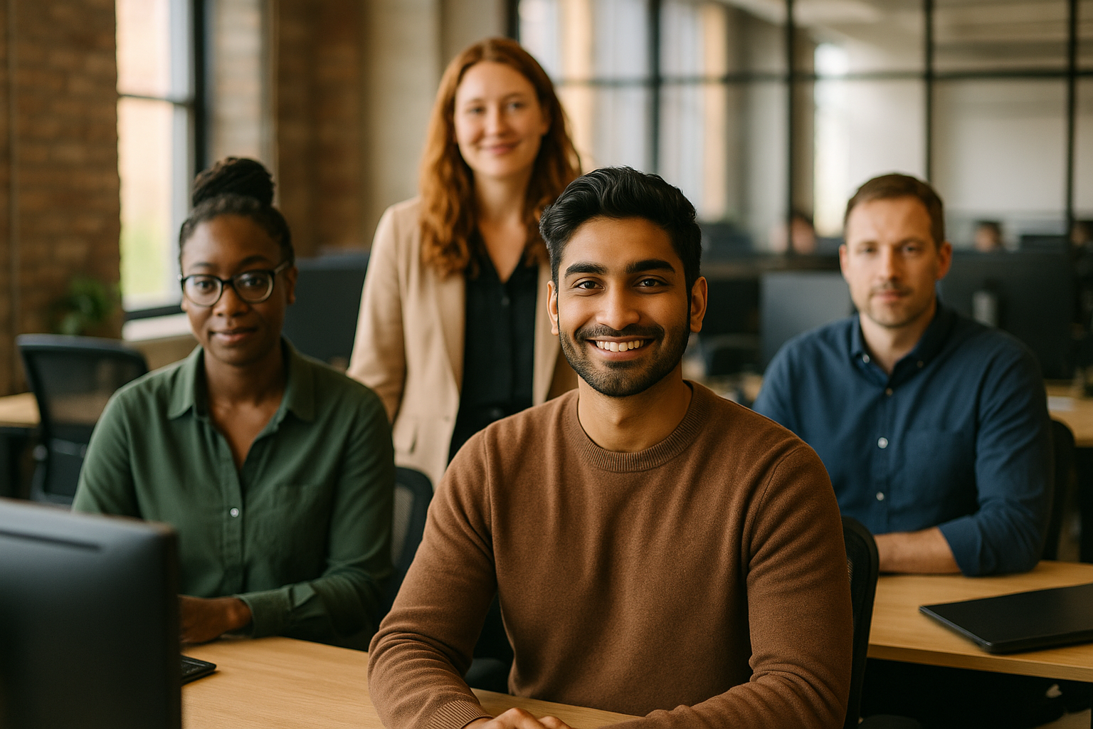 British professionals in a modern office discussing tech bootcamp