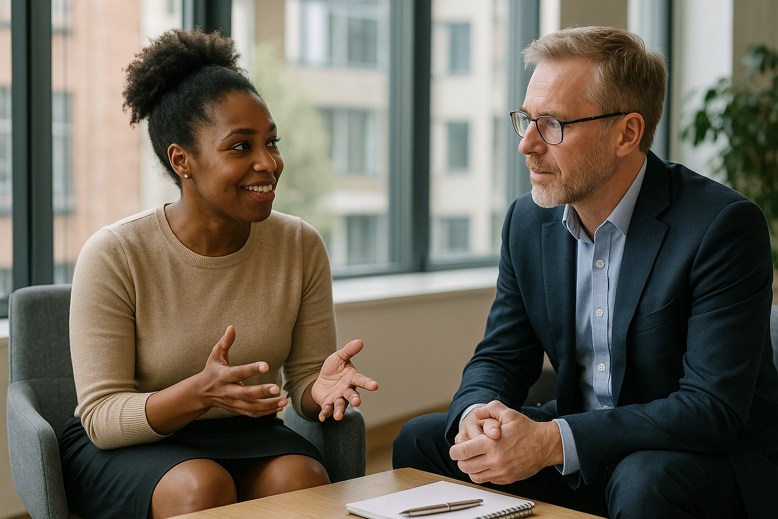 Two UK professionals discussing career next steps for tech bootcamp
