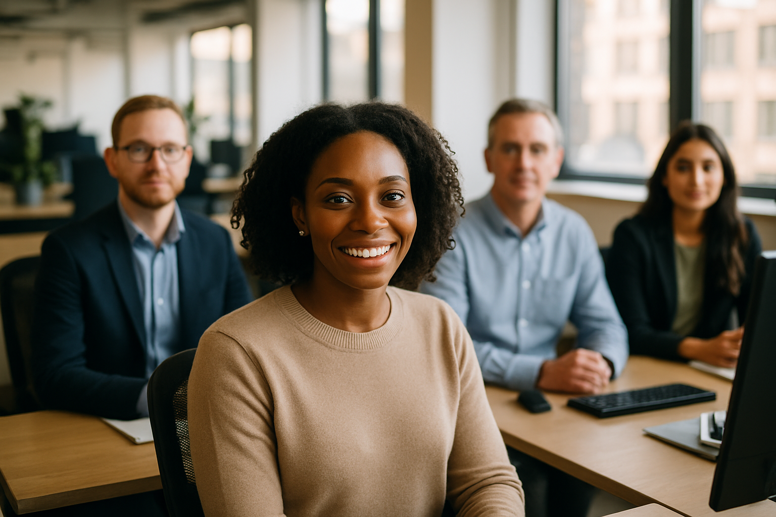 British professionals in a modern office discussing UK work permit process