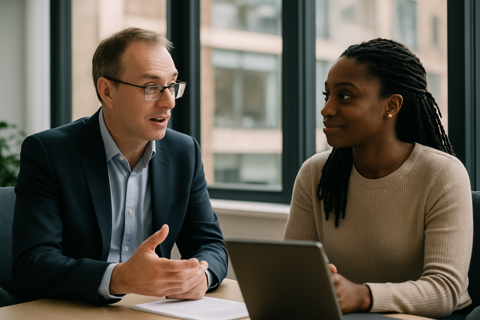 Two UK professionals discussing career next steps for UK work permit process