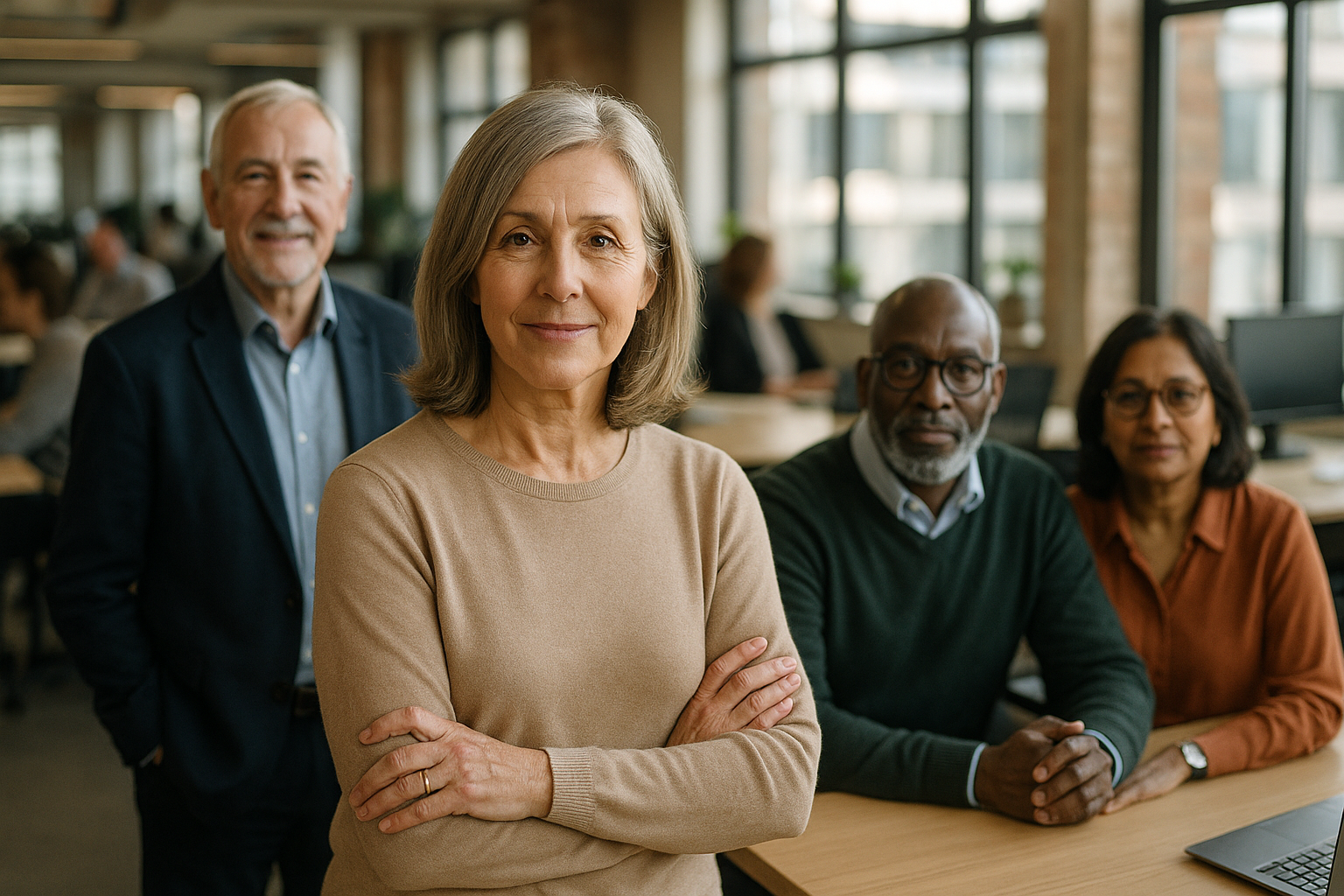 British professionals in a modern office discussing older workers