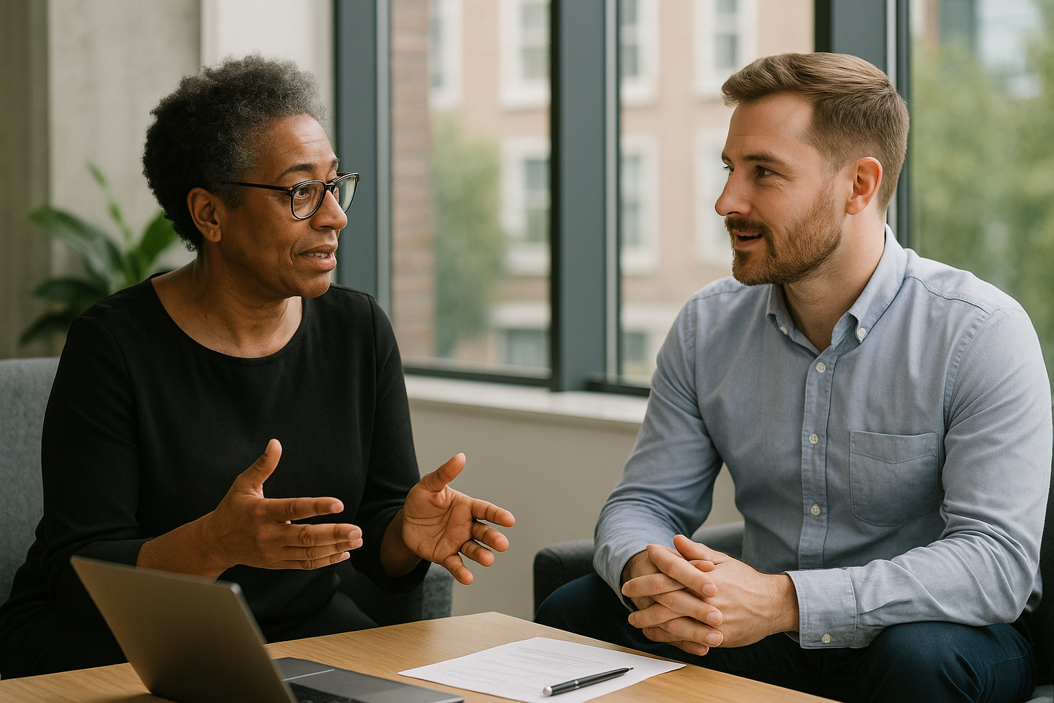 Two UK professionals discussing career next steps for older workers