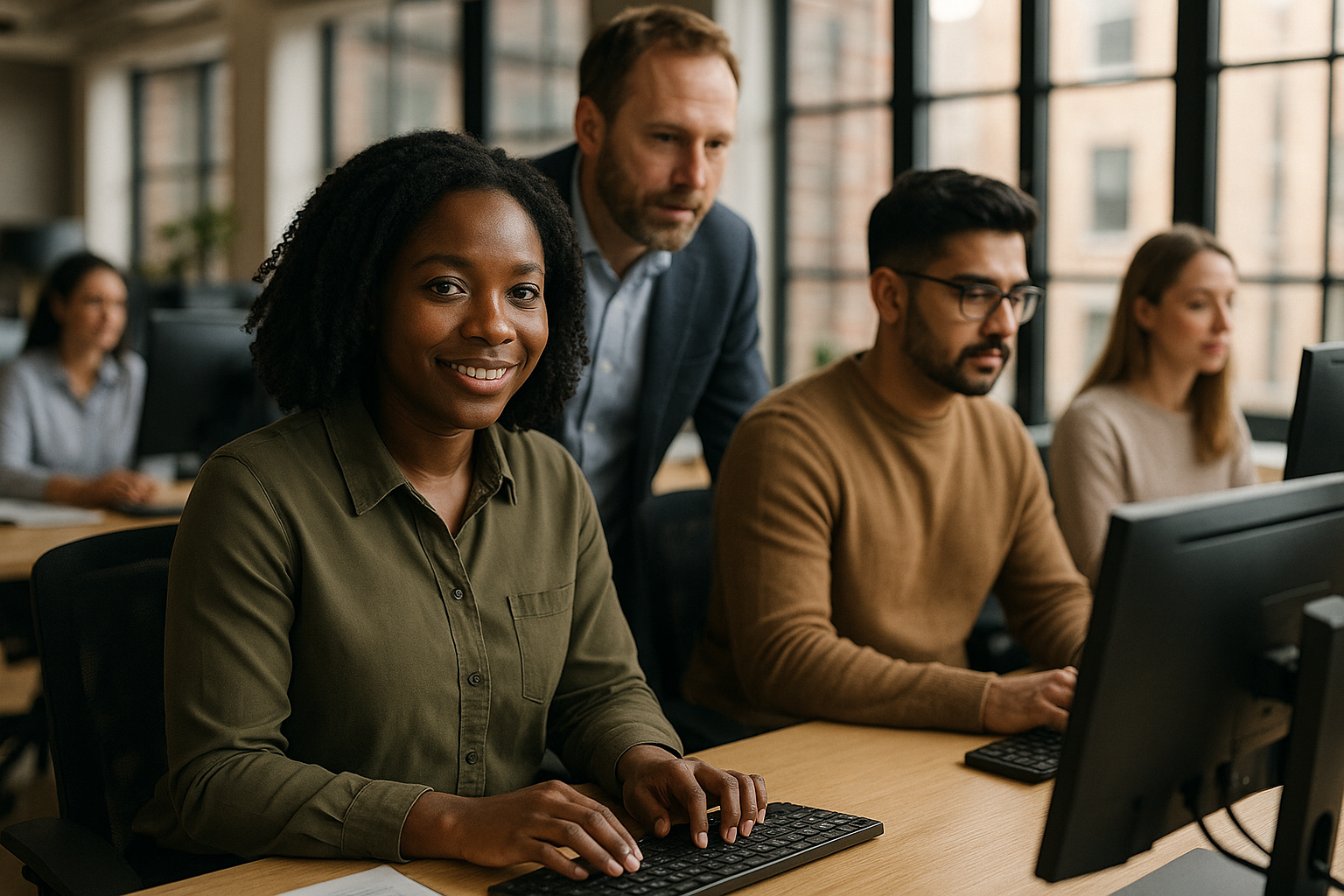 British professionals in a modern office discussing accounts payable UK