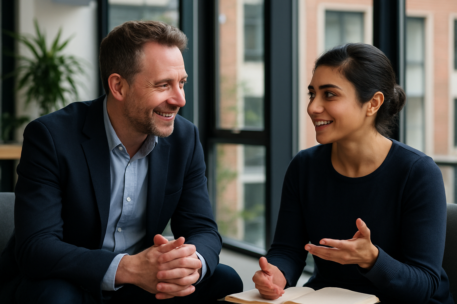 Two UK professionals discussing career next steps for accounts payable UK