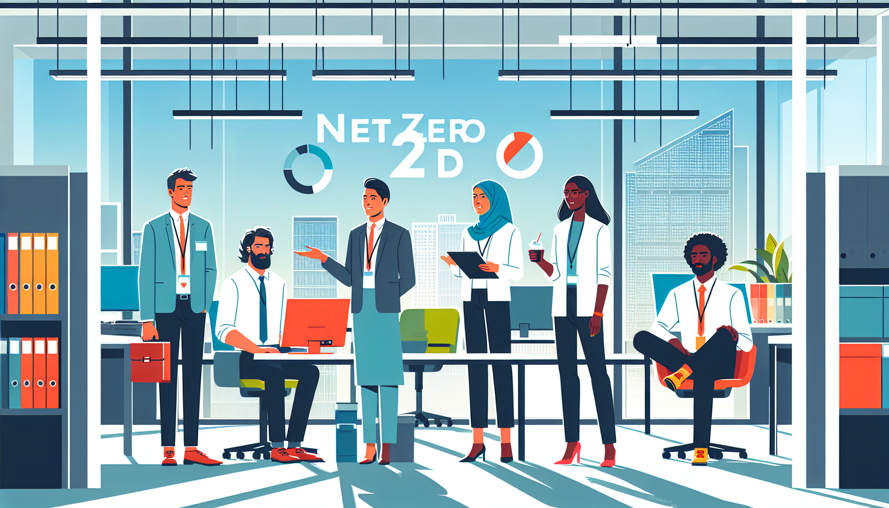 A diverse group of UK professionals working in an office on net zero projects
