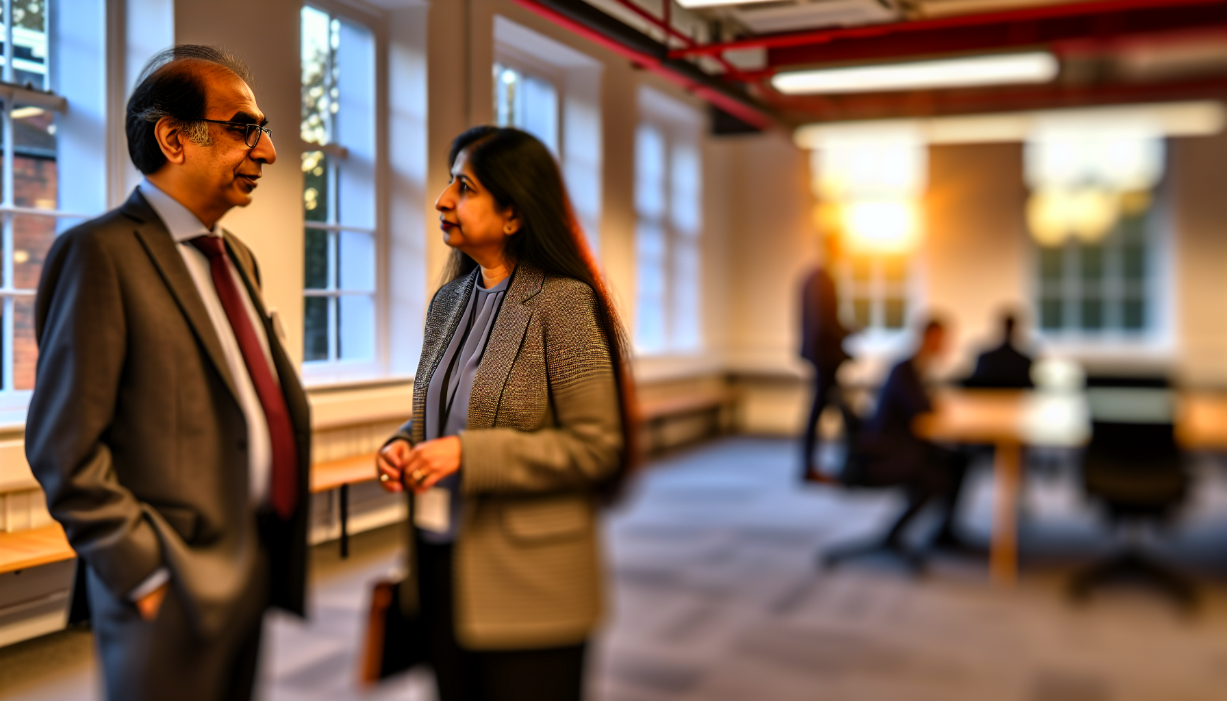 British professionals networking in a modern open-plan office