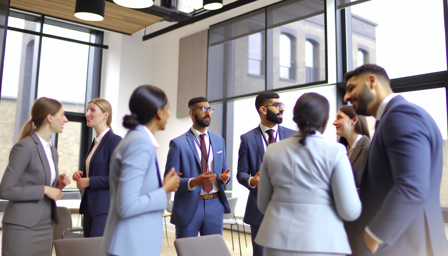 UK professionals in a candid team meeting in a modern office