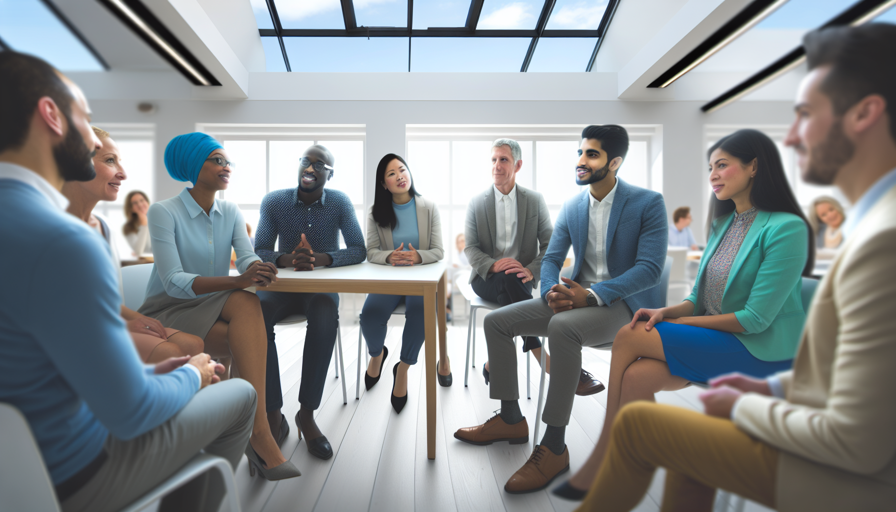 Diverse UK team in a relaxed collaborative office discussion
