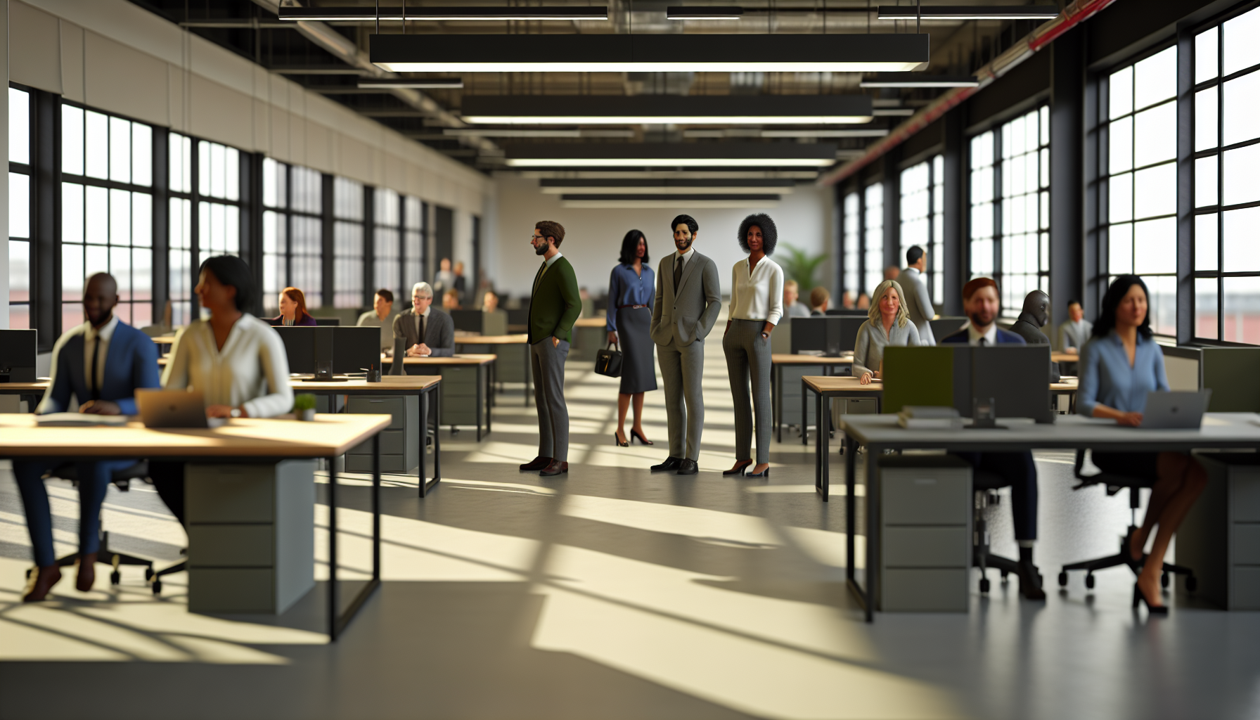 Diverse UK professionals collaborating in a modern office setting.