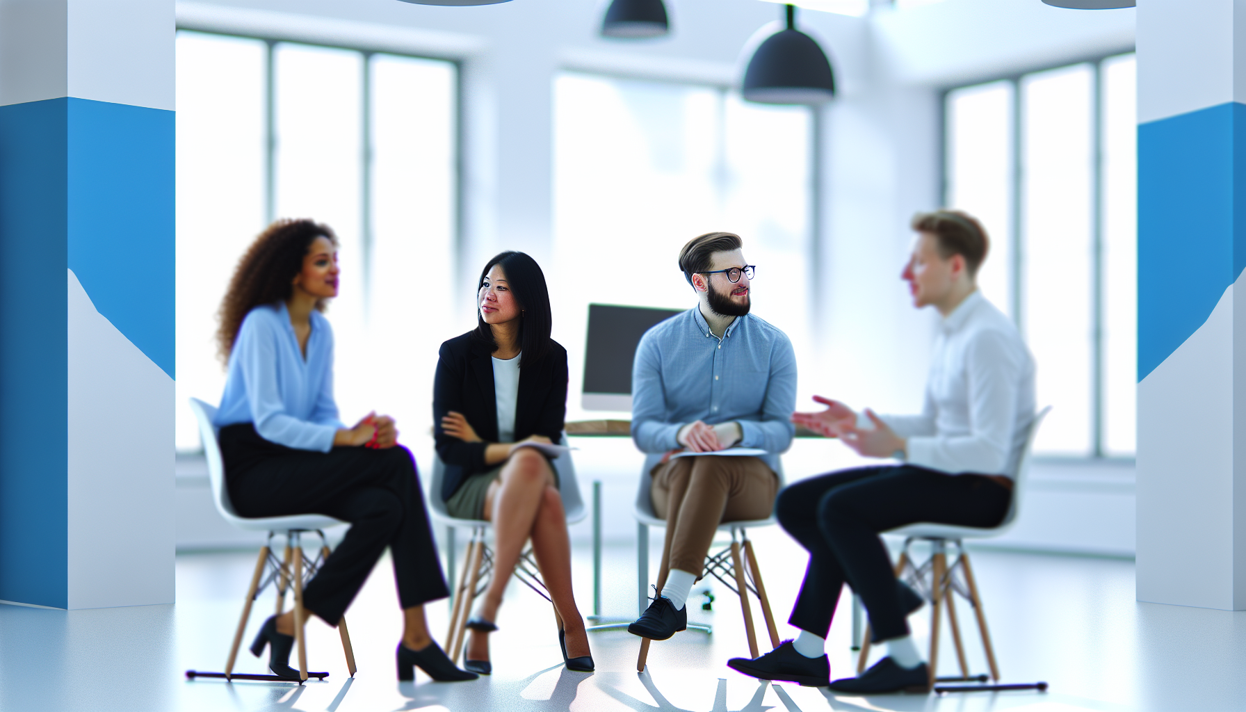 Group of UK professionals having a relaxed discussion in office.