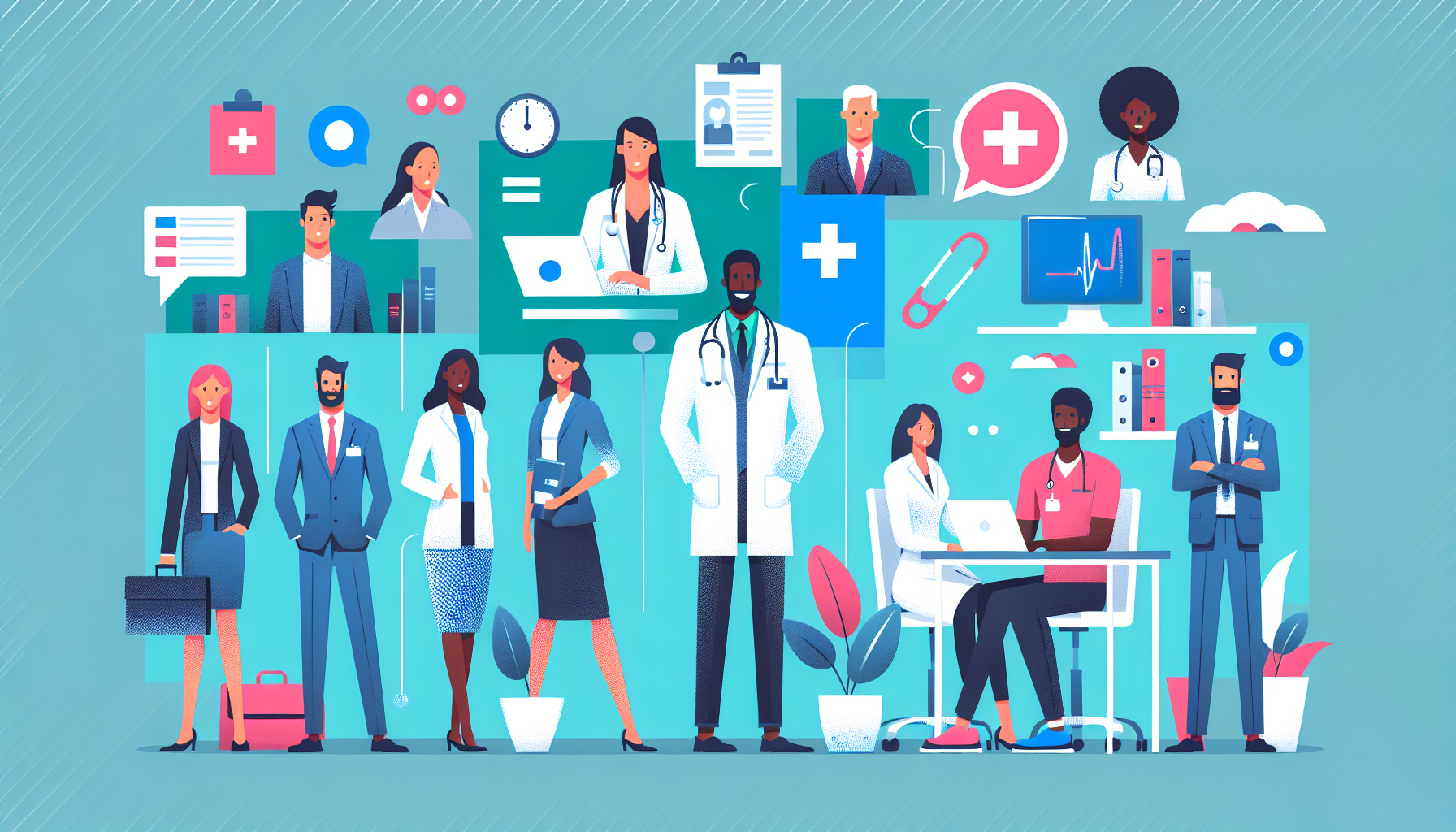 Diverse UK professionals in a modern NHS-related office setting