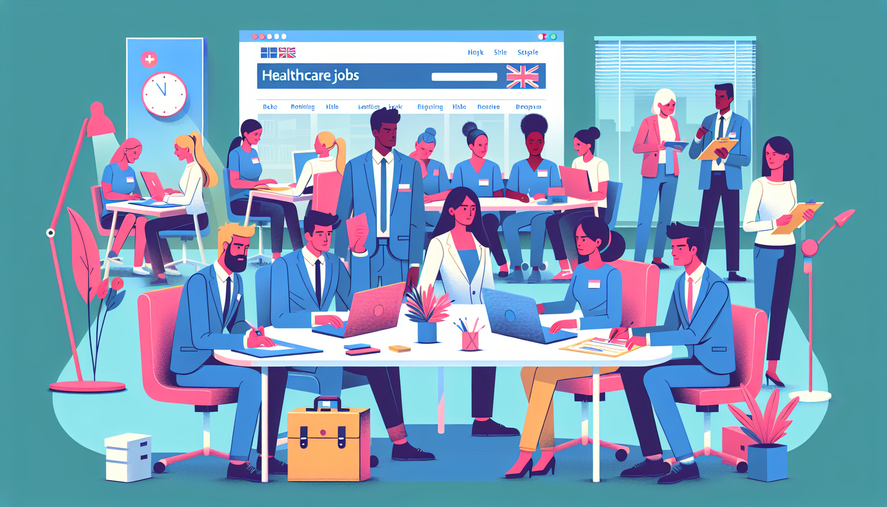 UK workplace team collaborating on NHS Jobs website tasks