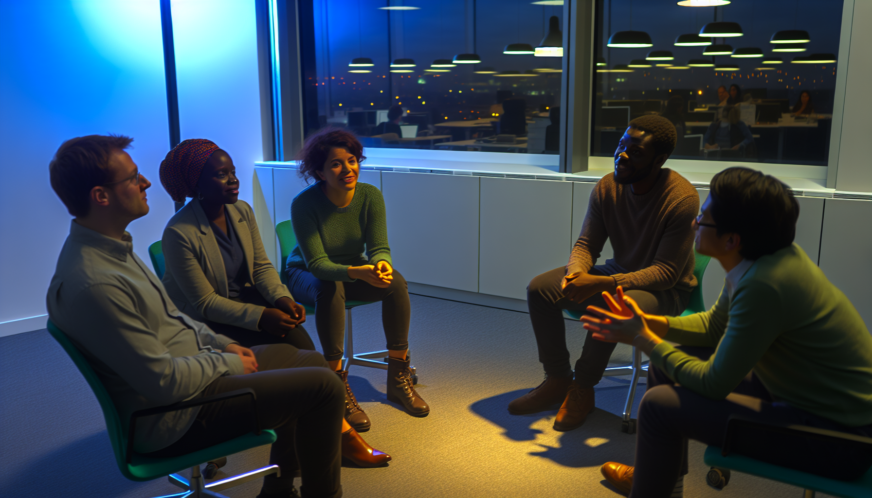 Team of UK professionals in a meeting in a modern office