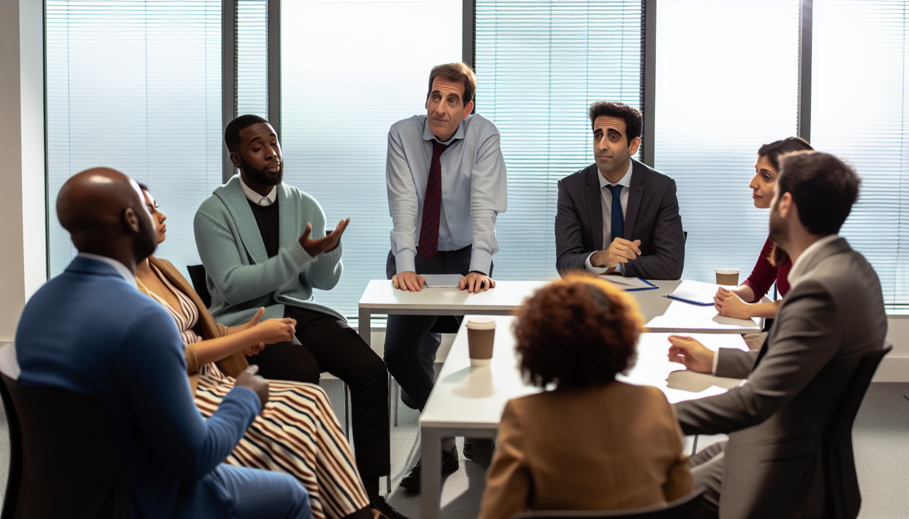 UK professionals having a collaborative discussion in a bright office