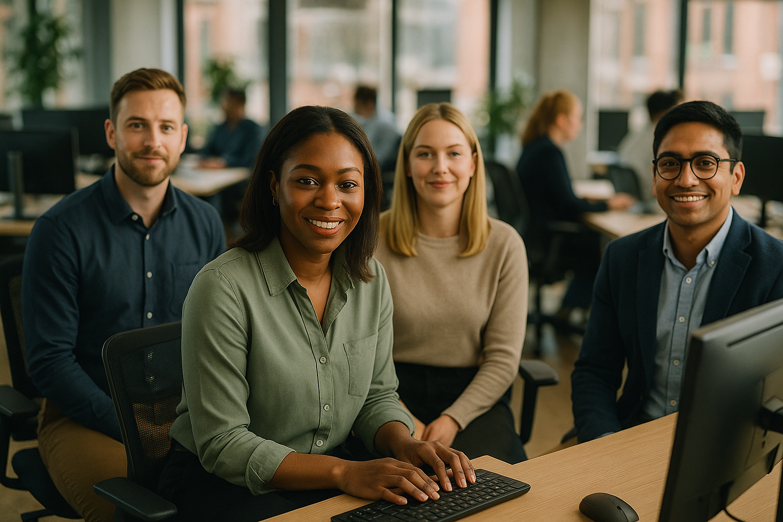 British professionals in a modern office discussing nine day fortnight UK